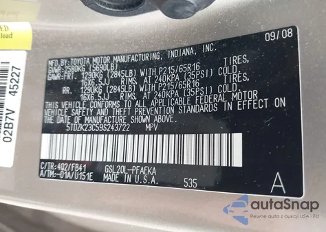 2009 Toyota Sienna Ce from USA, damaged, VIN 5TDZK23C59S243722